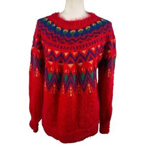 Red Fair Isle Warm Sweater Balloon Sleeves Large Valentine Winter Pullover